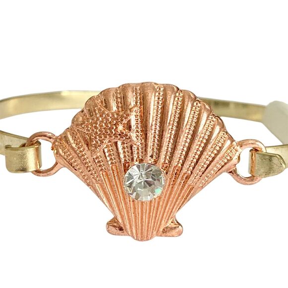 Scallop Sea Shell Bracelet Bangle Nautical Island Beach 7.5" Gold Plated Crystal - Picture 1 of 12